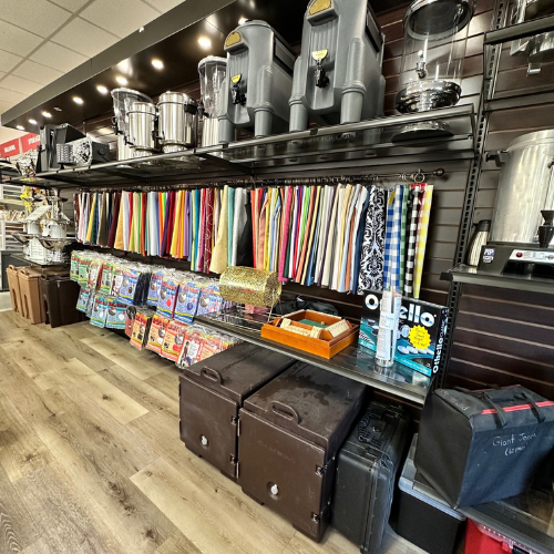 Party and event concession rentals on display within the store.