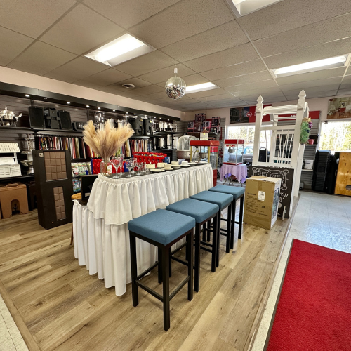 PIP Rental party and event rentals on display inside of the store.