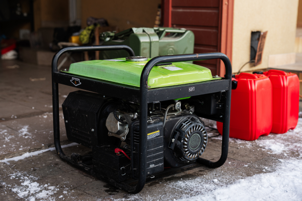 A green generator in a garage.