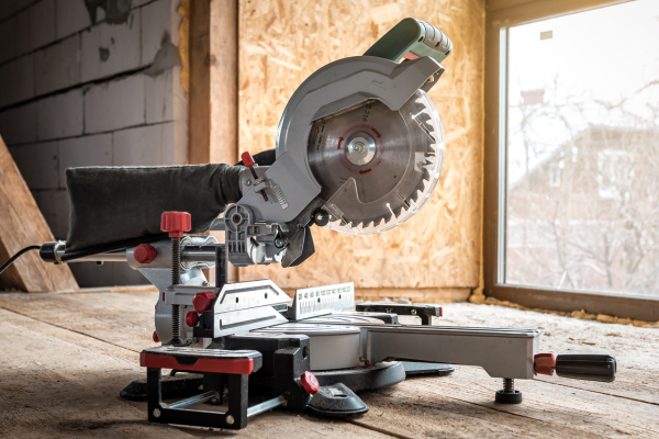 A chop saw, setup and ready to use.
